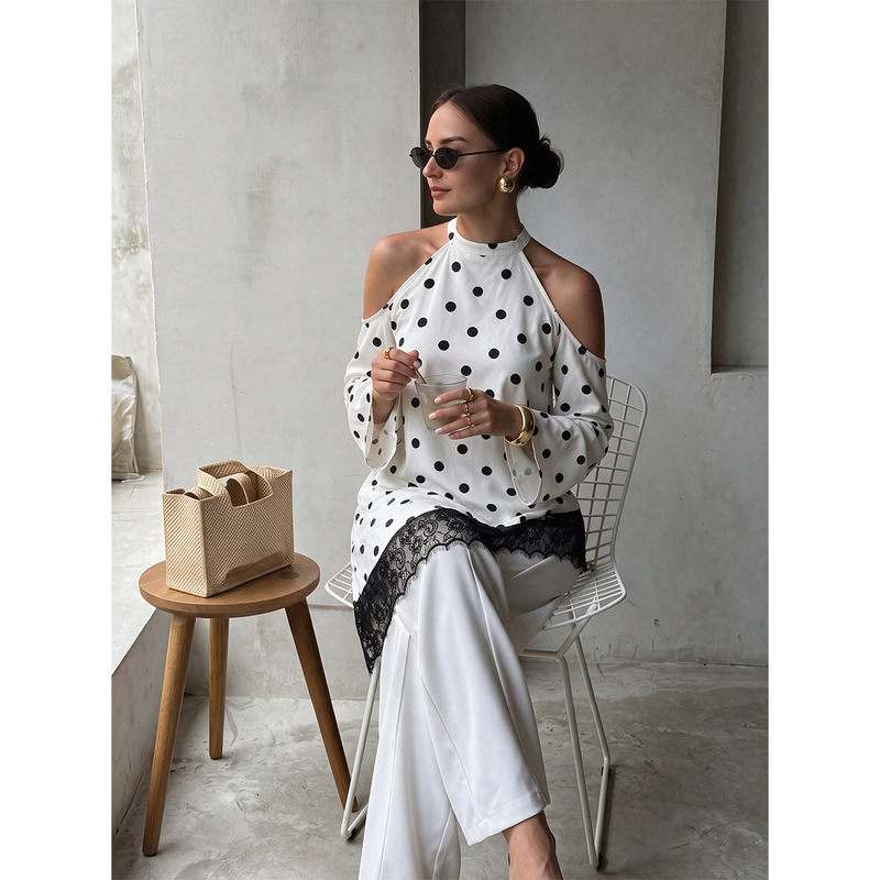 European and American Plus-Size Women's Halter-Neck Off-Shoulder Blouse with Polka Dot Print, Irregular Lace Hem, Elegant Long-Sleeve Chiffon Shirt European and American Plus-Size Women's Halter-Neck Off-Shoulder Blouse with Polka Dot Print, Irregular Lace Hem, Elegant Long-Sleeve Chiffon Shirt