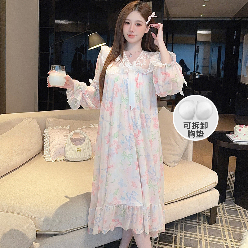 凌蕾春秋季碎花蕾丝蝴蝶结网纱宫廷公主风中长睡裙睡衣家居服女|undefined