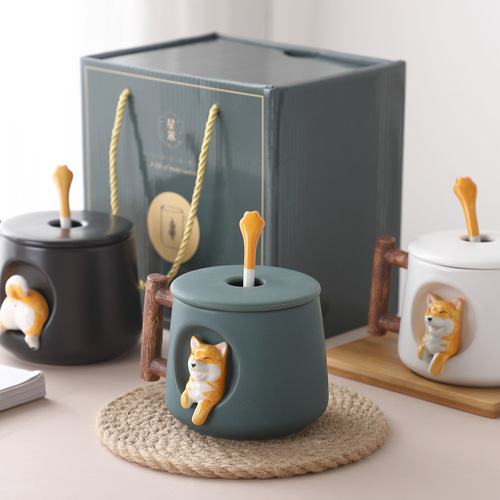 Ceramic creative personality cute mug with lid spoon for home couple men and women coffee cup Shiba Inu cup gift