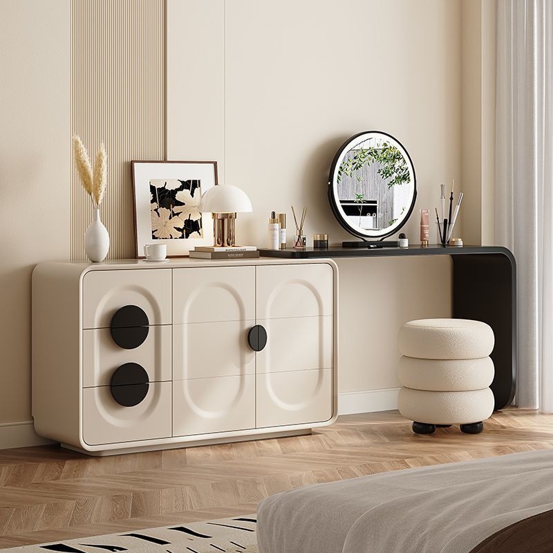 American-Style Dressing Table with Lacquer Finish, Light Luxury Makeup Table, Fashionable Cream Style, Extendable Bedroom Dressing Table with Integrated Cabinet