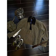 十三行行韩版2025新款复古翻领拼色军绿色工装夹克外套女牛仔套装