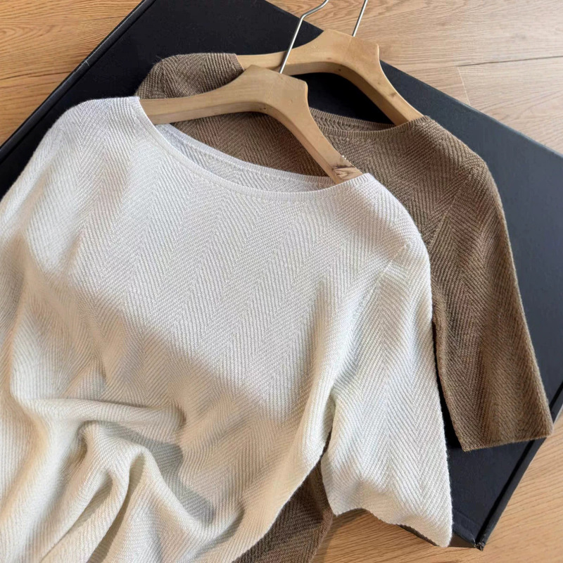 Machine washable 100% Merino wool fine-knit herringbone short-sleeve off-the-shoulder wool mid-sleeve thin knit top for women Machine washable 100% Merino wool fine-knit herringbone short-sleeve off-the-shoulder wool mid-sleeve thin knit top for women