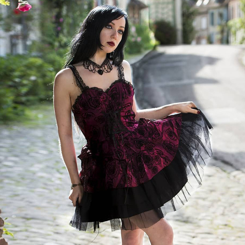 Gothic Style Suede Rose Print Solid Color Lace Dress NSGYB99729