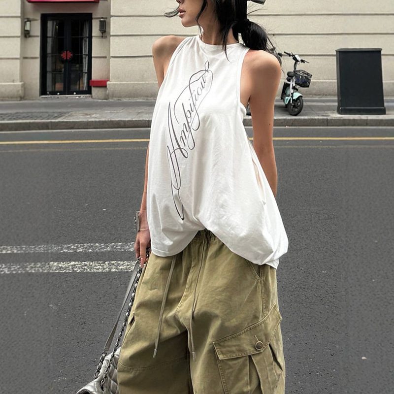 Hao Tian Ward Ed White Printed Halter Neck Tank Top Summer Hot Girl Style Loose Slimming Sleeveless Round Neck Top