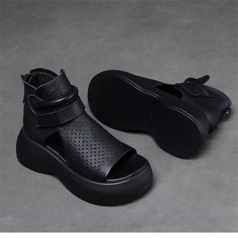 Verano nuevo hueco tacones agujeros zapatos gruesos antideslizantes velcro retro cuero cómodo muffins sandalias romanas