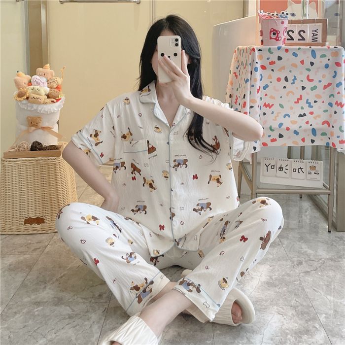 Pijamas transfronterizos al por mayor para mujer nube algodón otoño verano rebeca solapa pantalones de manga corta traje de servicio a domicilio simple y cómodo