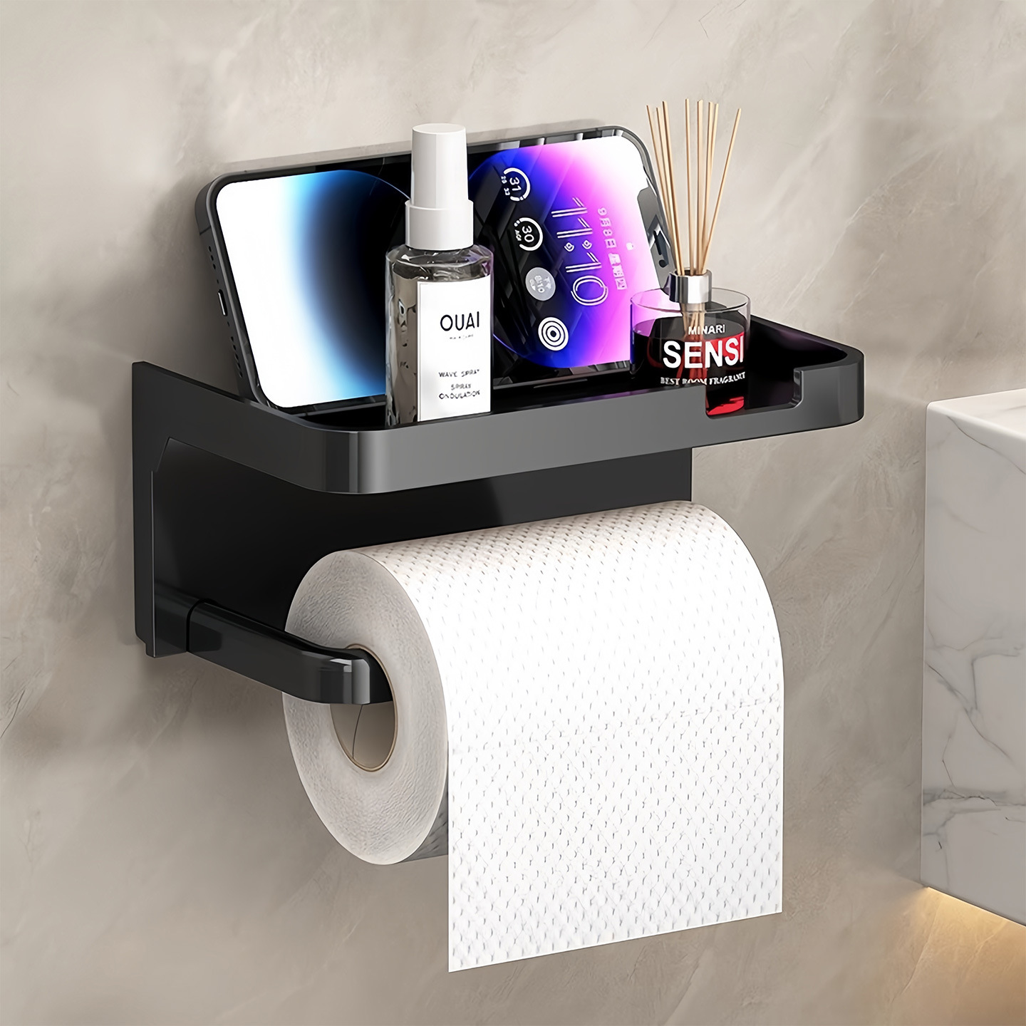Estante de toallas de baño sin perforación para teléfono móvil estante de almacenamiento de plástico tipo pared caja de toallas de baño estante de papel de papel de baño