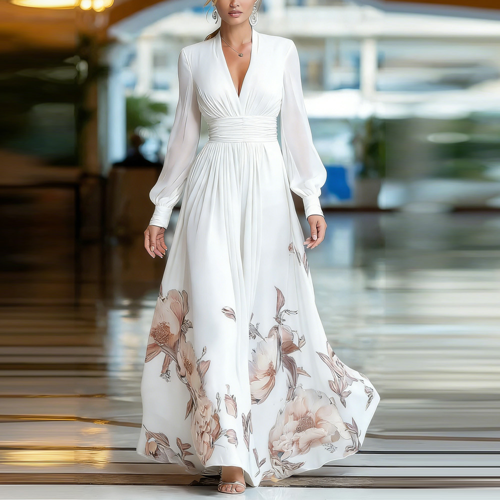 Women's Clothing Spring Long Mesh Patchwork French Slim Fit Dress, Versatile Printed Maxi Dress For Women_voghion.com