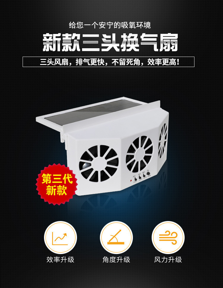 Summer Solar-Powered Three-Head Car Exhaust Fan, Car Cooling Solar Ventilation Exhaust Fan, Odor Removal Electric Fan
