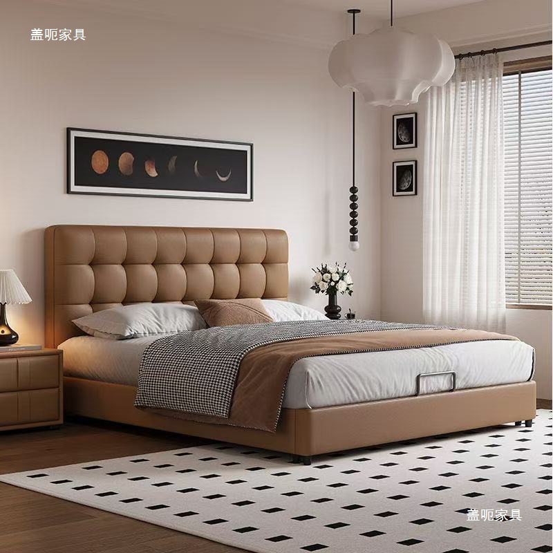 French Waffle Bed, Cream Style Master Bedroom, Small Apartment Double Bed, Antique Style Thin Bedside High Box Storage Bed