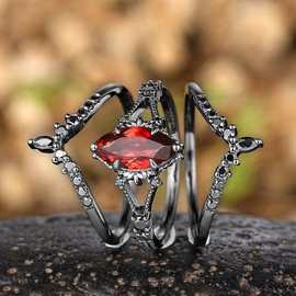 洛迪跨境新款TEMU暗黑指环七彩锆石戒指 熔岩复古马眼枪黑对戒女