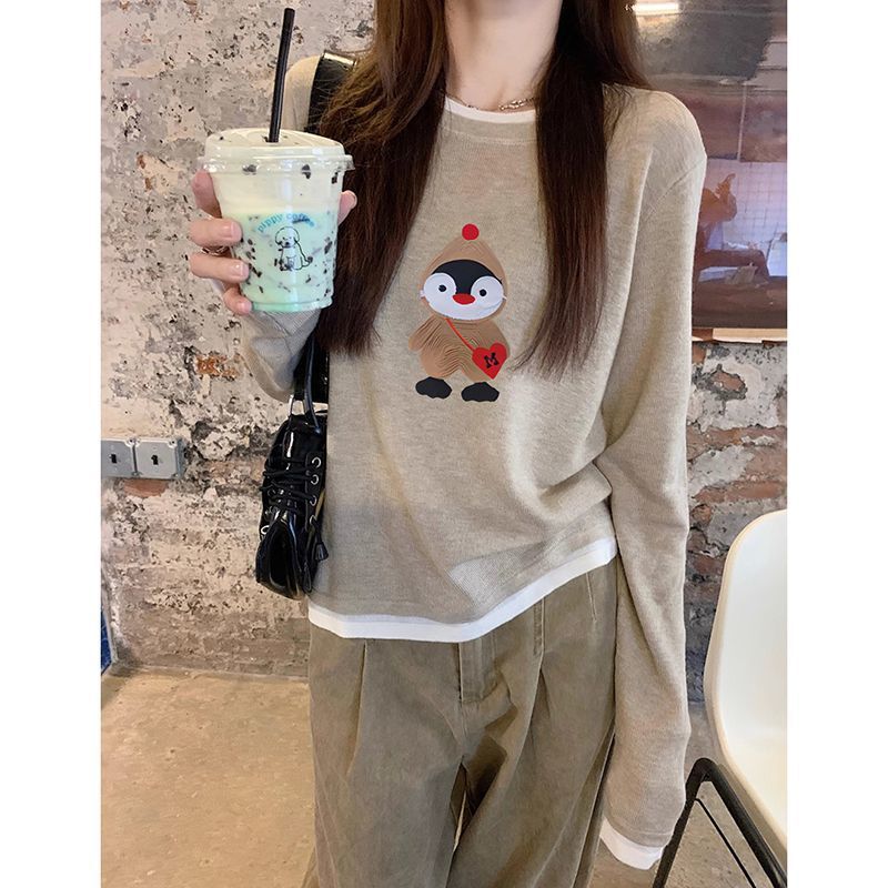 Spliced Fake Two-Piece Round Neck Long-Sleeved T-Shirt Autum Loose Contrasting Color Design American Retro Chic Versatile Top