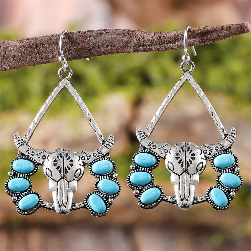 December Birthstone Turquoise Inlay Material 1 Pair Classical Ethnic Style Bull Head Plating Inlay Zinc Alloy Turquoise Drop Earrings
