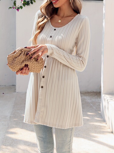 New spring and summer solid color crew collar, long-sleeved, single-breasted, ribbed casual T-shirt