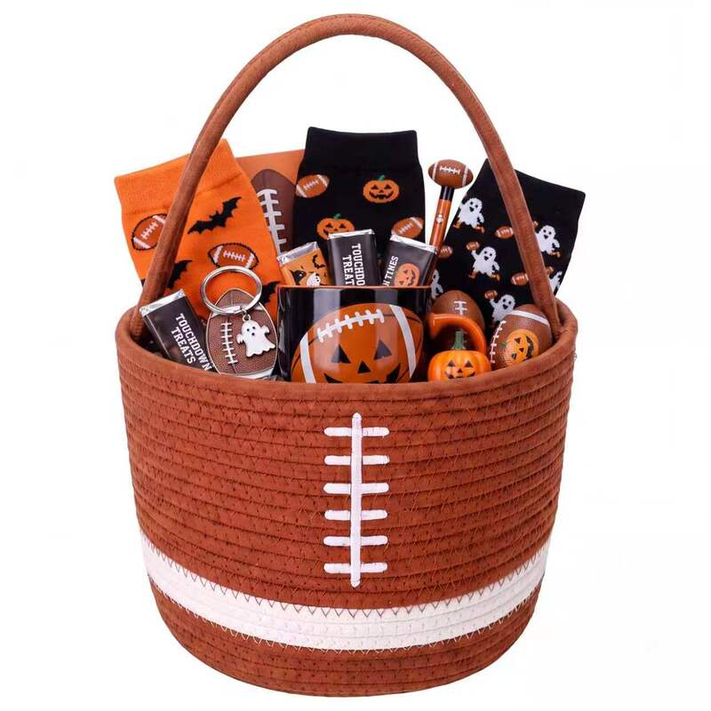 Rugby-patterned cotton rope hand basket, Halloween-themed candy storage bin, snack and toy woven storage basket Rugby-patterned cotton rope hand basket, Halloween-themed candy storage bin, snack and toy woven storage basket