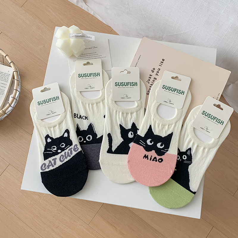 船襪淺口隱形襪子女2025春夏薄款可愛卡通貓咪襪子不掉跟防滑短襪