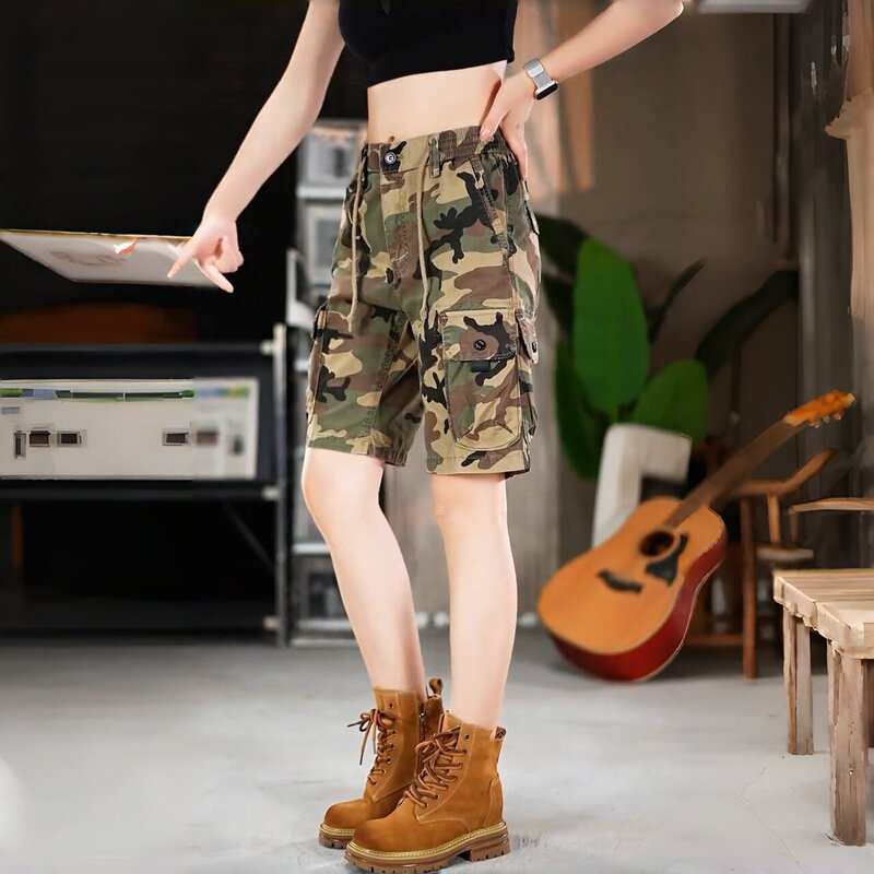 Vintage Summer Workwear Loose Trendy Brand Five-Pocket Outdoor Motorcycle Camouflage Shorts Men's Sports American Style