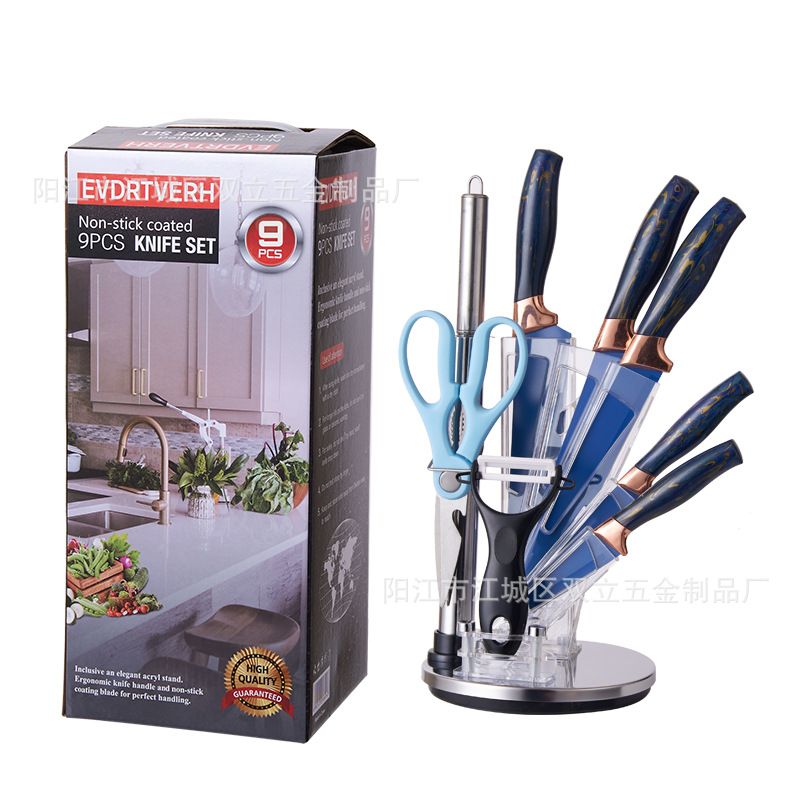 Nueva herramienta grasa mango doble galvanoplastia cabeza giratoria acrílico cuchillo asiento regalo de negocios de nueve piezas en stock