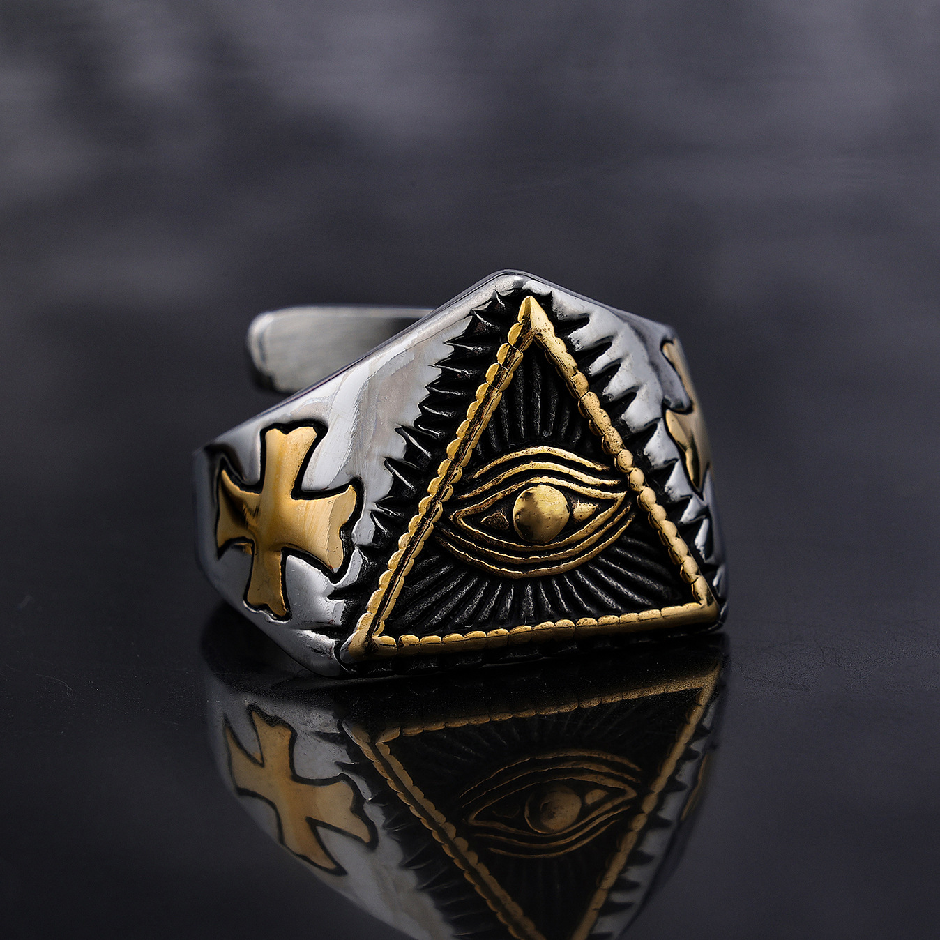 304 Stainless Steel Material Triangle, Cross, Eye Pattern Hip-Hop Triangle Cross Eye 304 Stainless Steel Men'S Rings
