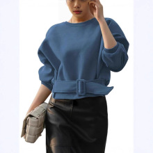 亚马逊2025新款蝙蝠袖腰带短款上衣 设计感小众纯色色圆领卫衣女