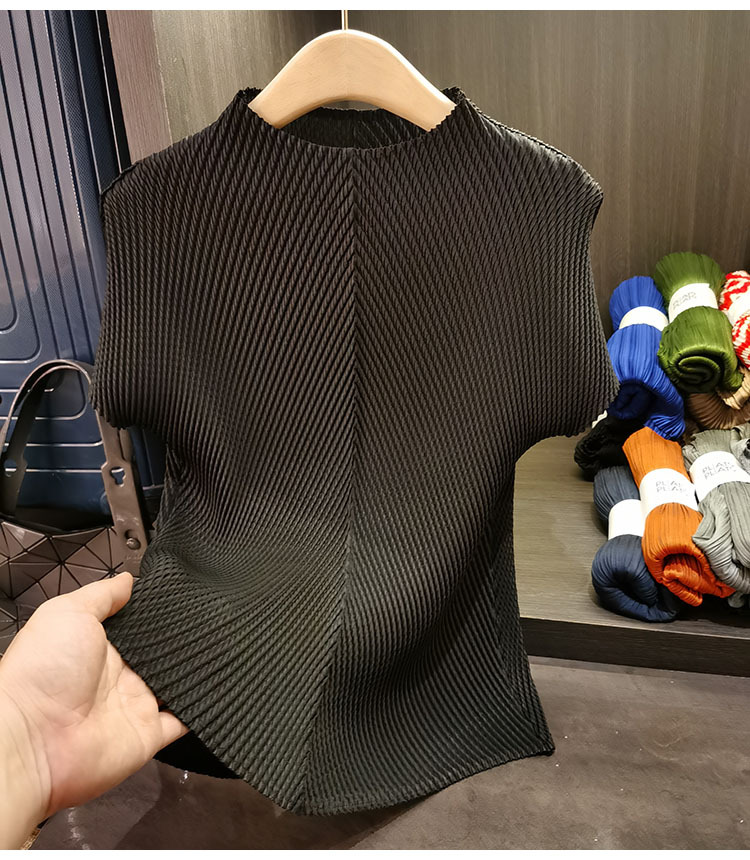 Áo cổ đứng xếp li vảy rồng tay ngắn nữ cao cấp đa năng — Màu đen, Màu đỏ hoa hồng, Màu hồng, Màu xanh lá chi tiết 25