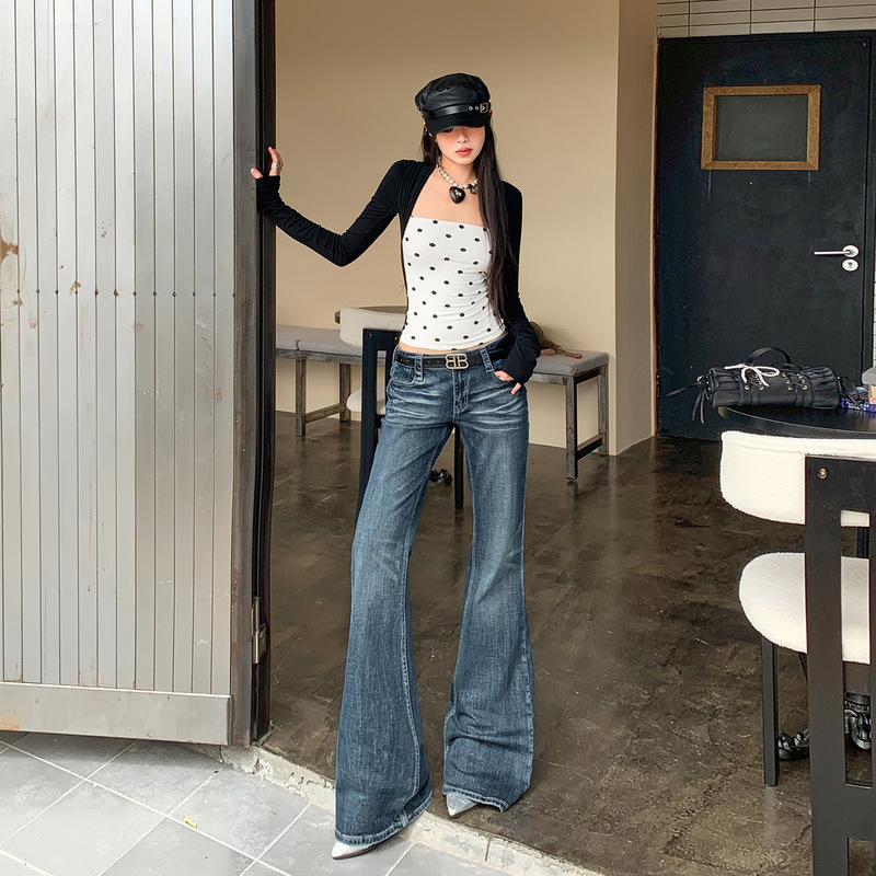 Korean-Style Nostalgic Washed Dark Blue Low-Waist Bootcut Jeans for Autumn, Non-Stick Leg Versatile Bell-Bottom Pants