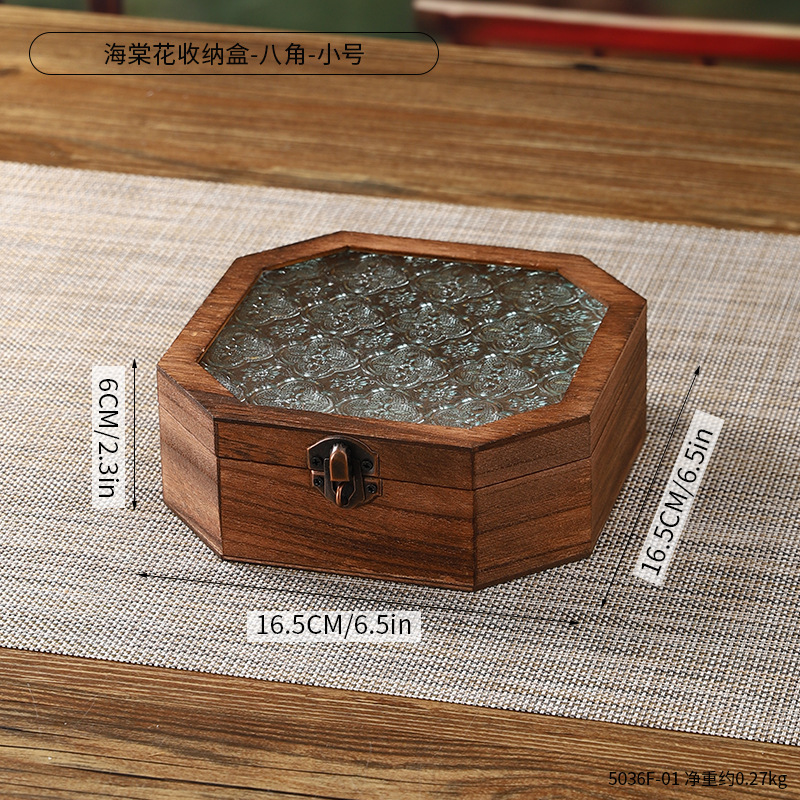 古典海棠玻璃木质储物盒珠宝首饰伴手礼包装盒防尘翻盖桌面收纳盒|undefined