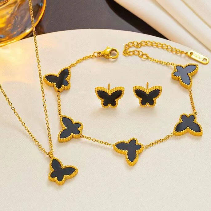 Butterfly Double-Sided Lucky Flower Bracelet Necklace Earrings Set 18K Gold Plated Stainless Steel detail image 10