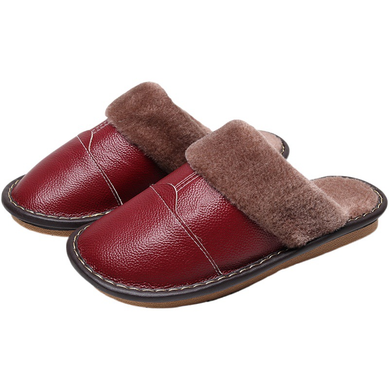 Haining Cowhide Slippers Home Plush Fleece-Lined Autumn and Winter Warm Home Indoor Couple Genuine Leather Cotton Slippers Winter
