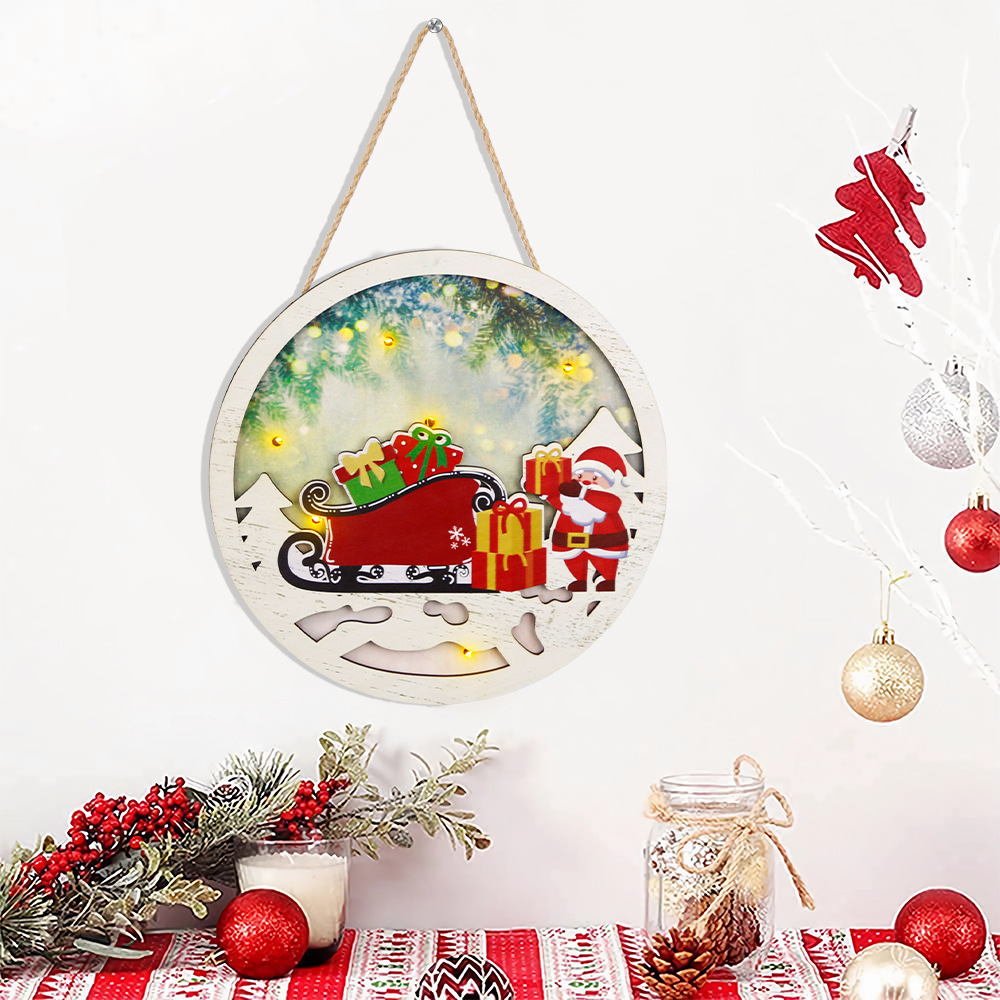 Letrero de madera navideño para puerta, colgante de dibujos animados de Papá Noel y muñeco de nieve, decoración para fiesta de Navidad, luz LED brillante, letrero de madera de doble capa