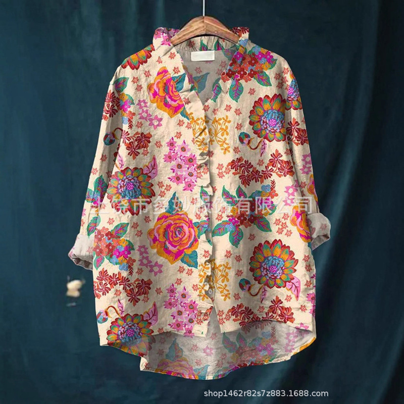 Cross-Border Supply Ethnic Style Exquisite Linen Printed Shirt Colorful Loose Casual Fit Lace Placket Design