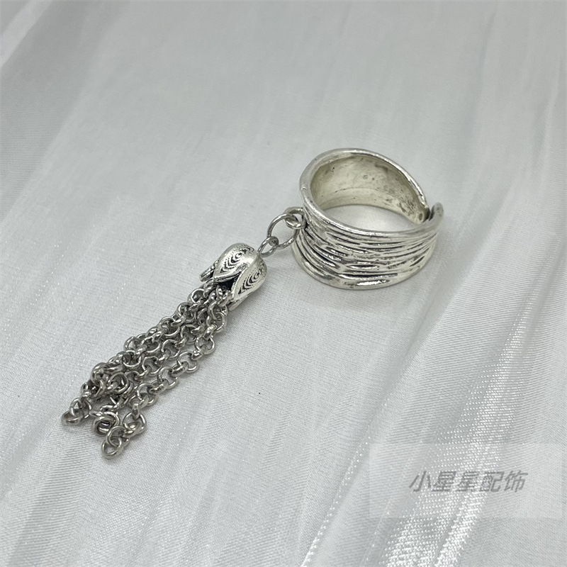 水晶配饰复古合金仿银做旧工艺古典开口戒指树叶流苏提溜配件|undefined