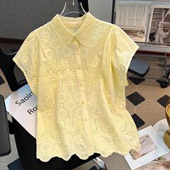 夏季重工刺绣镂空翻领蕾丝短袖衬衫女2025新款法式木耳边下摆上衣