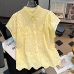 夏季重工刺绣镂空翻领蕾丝短袖衬衫女2025新款法式木耳边下摆上衣