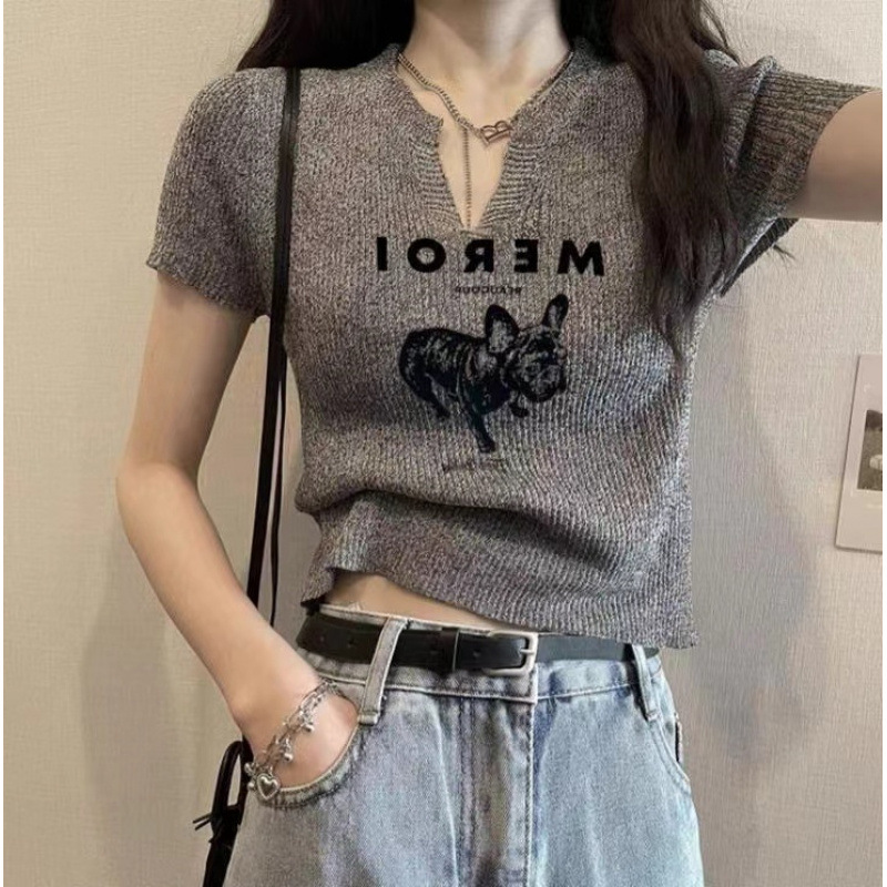 Dark Floral Gray Knitted Short-Sleeved Women's 2025 New V-Neck Right Shoulder T-Shirt Niche Slimming Look Short Knitted Knitwear Top