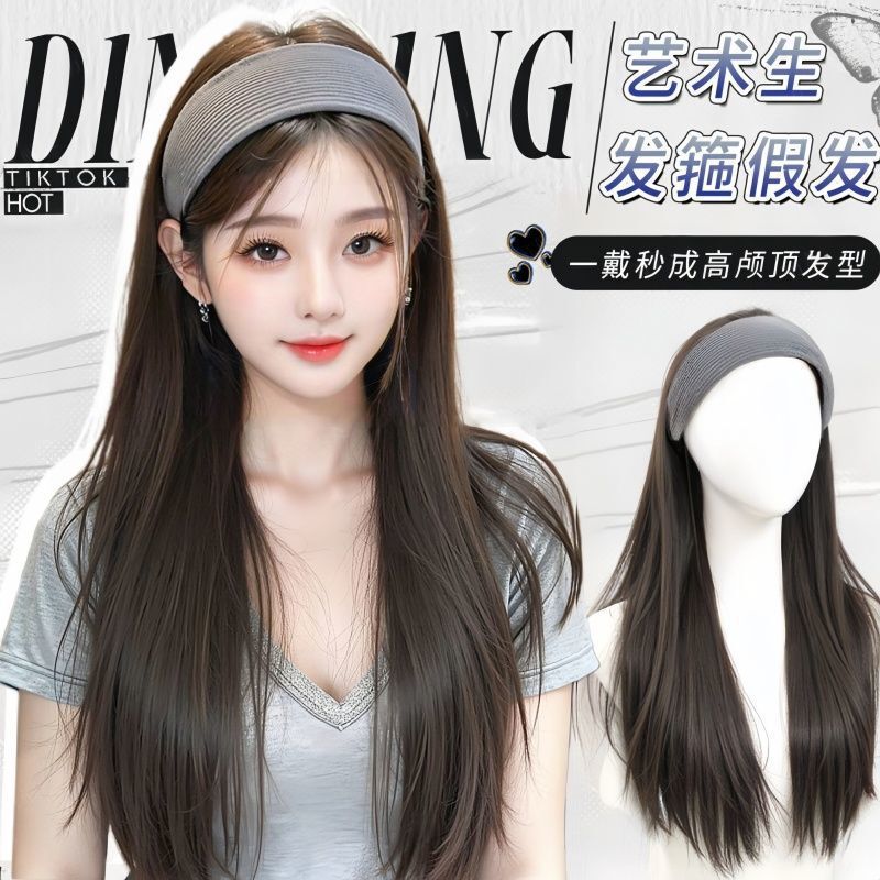 Headband Wig for Women, One-Piece Yimengling Style, Natural Height Increase, Realistic Top, Fashionable Long Straight Hair Full Wig