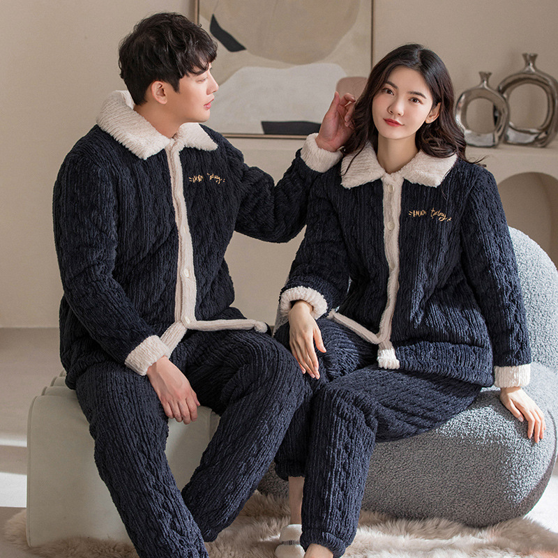 Winter Couple Coral Velvet Quilted Pajamas Lapel Cardigan for Men and Women Fleece-Lined and Cotton Three-Layer Thickeneded Home Wear Set