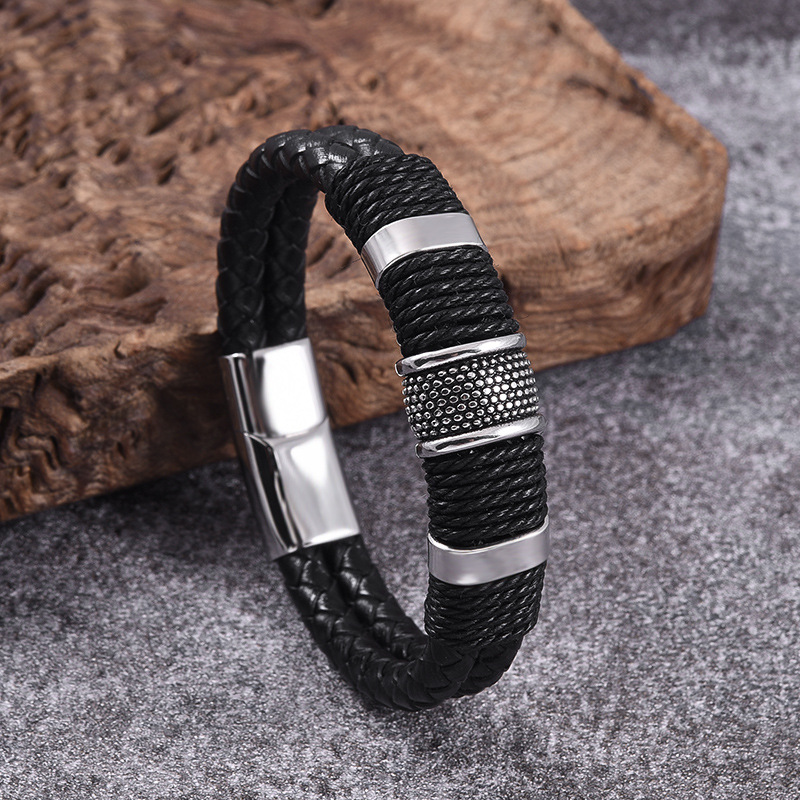 Daily Occasion Pu Leather, Titanium Steel Material Geometric Pattern Streetwear Geometric Pu Leather Titanium Steel Plating Men's Bangle