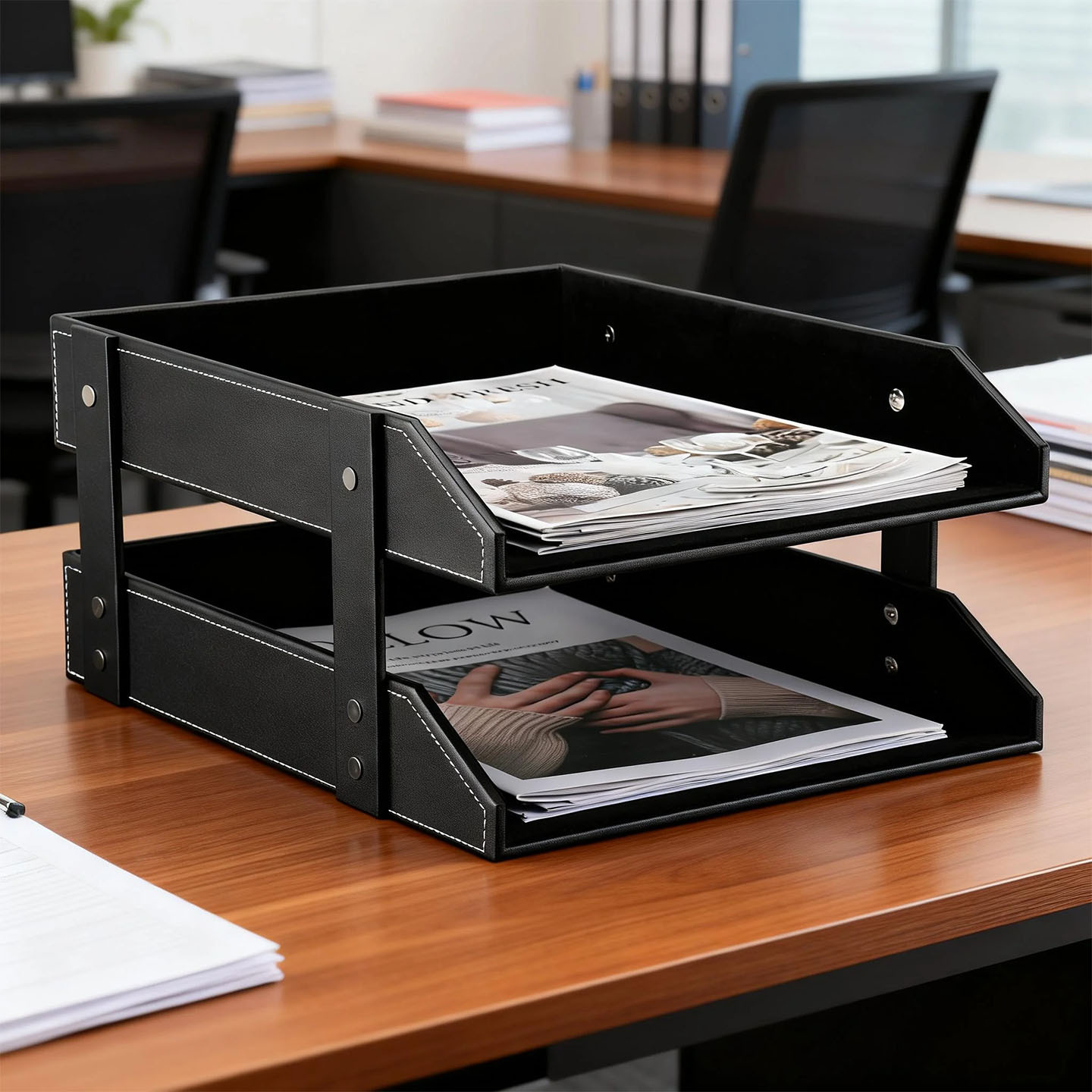 Estante para archivos A4 de doble capa de cuero, soporte para documentos, bandeja para archivos de escritorio, estante de almacenamiento, soporte para archivos creativo, papelería, lujo ligero.