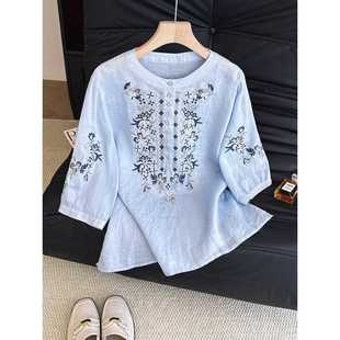 High-End Blue Ramie Top for Women Summer 2025 New Loose Heavy Embroider Unique and Beautiful Three-Quarter Sleeve Shirt