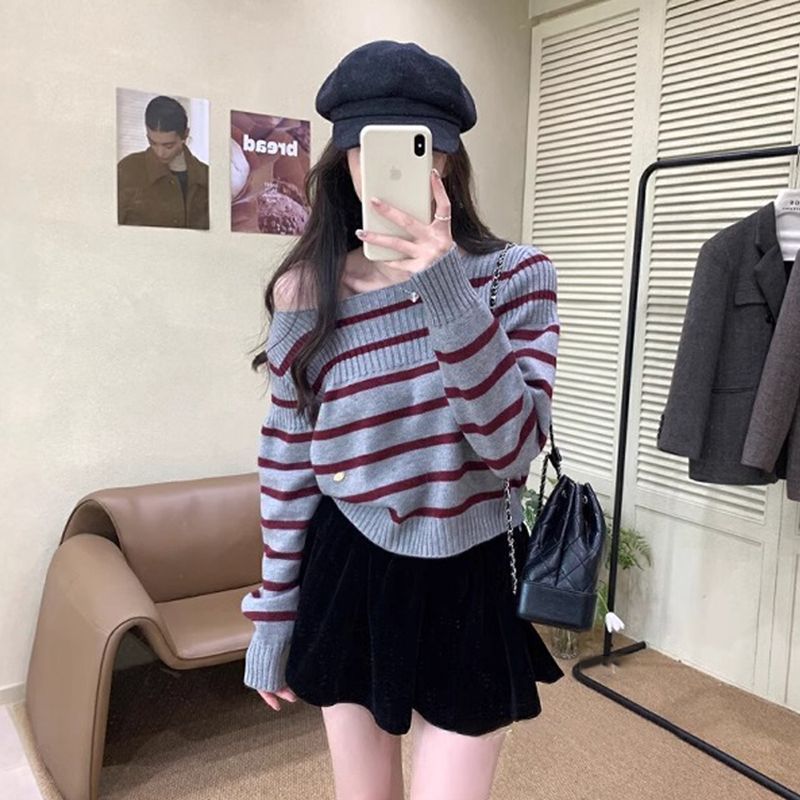 韩系条纹斜肩毛衣女秋冬新款ins慵懒风套头针织衫露肩显气质上衣|undefined