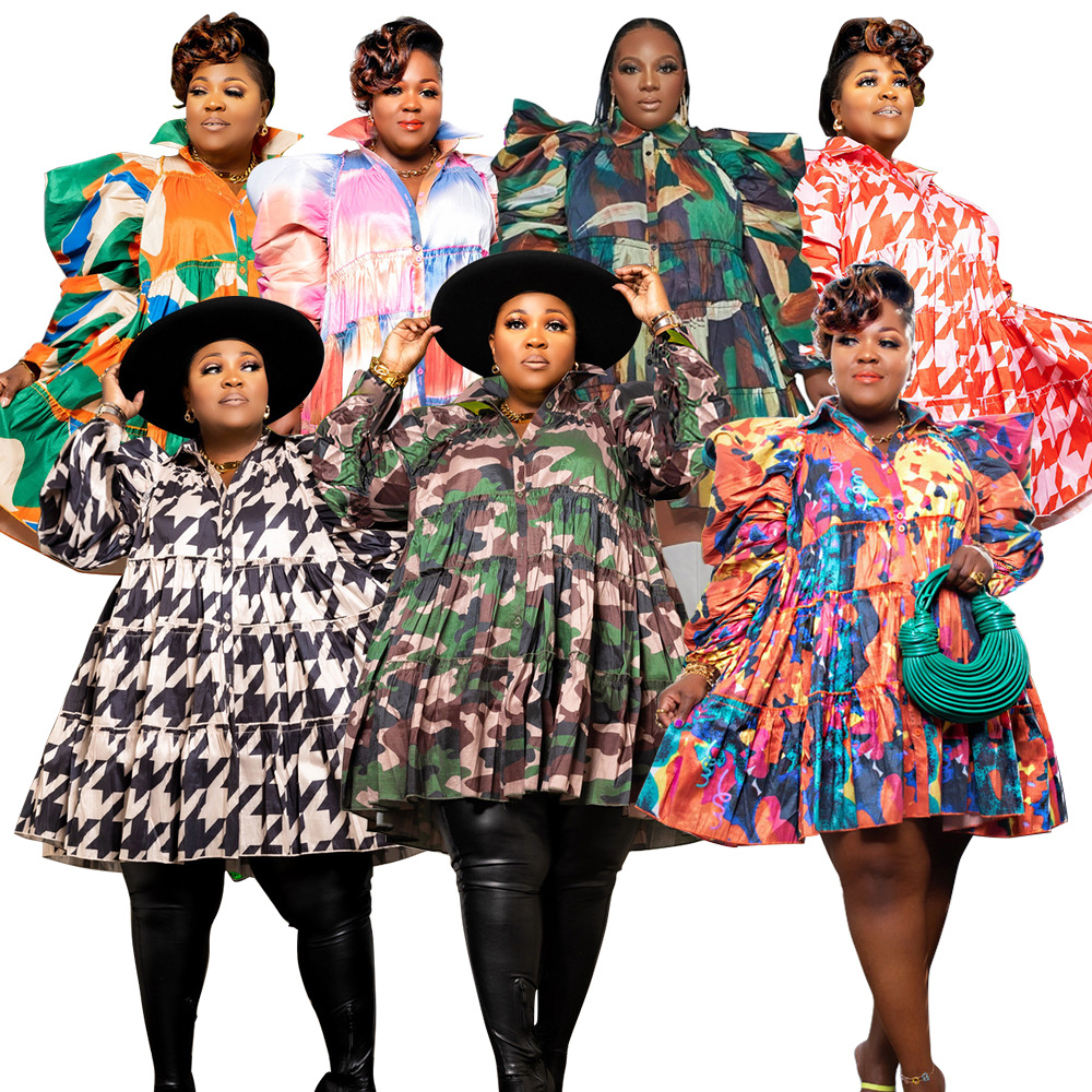 ChicShe N7760 Independent Station European And American Plus Size Women's Fashion Printed Ruffle Button Shirt Dress_voghion.com