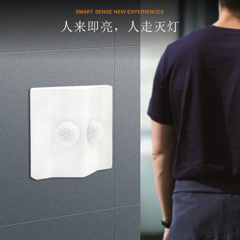 AC220V 双探头广角人体感应开关过道楼梯壁挂式灯具红外可调开关
