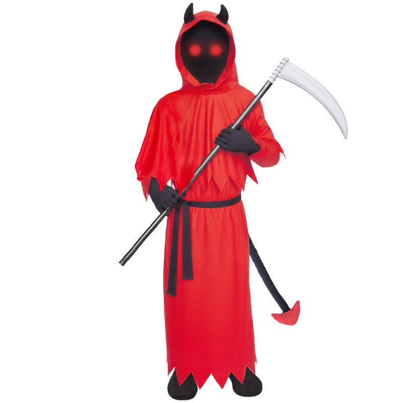 Halloween Kids Costume Red Horn Horn Death Devil Satan Cos Dress Up Luminous Eyes Sickle suit