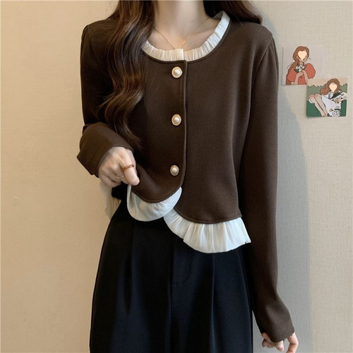 Plus-size Spring/Fall Long-Sleeve Base Top with Lace Paneling and Tummy-Smoothing Design — Perfectly Versatile & Slimming Cardigan for Curvy Women