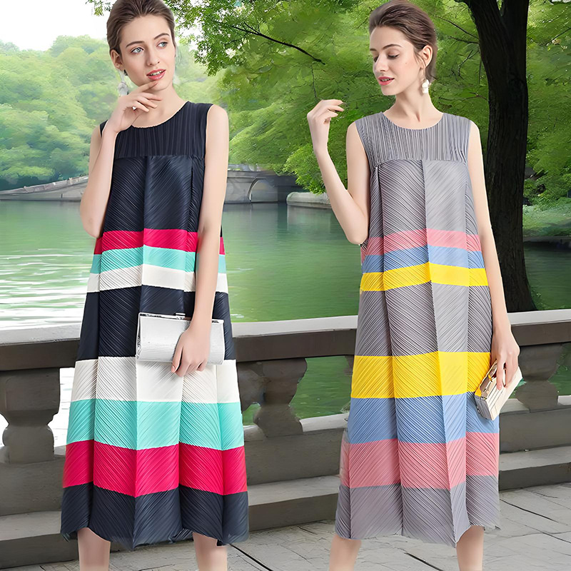 宽松大码连衣裙夏季长裙抖快褶皱品质彩色条纹阔太太三宅无袖洋装