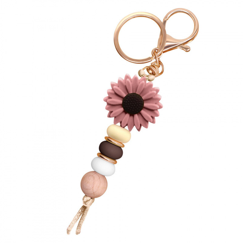 Women's Flower Keychain Multi-Color Daisy Silicone Bead Pendant Gold Keychain Deep Pink Small Daisy Keychain