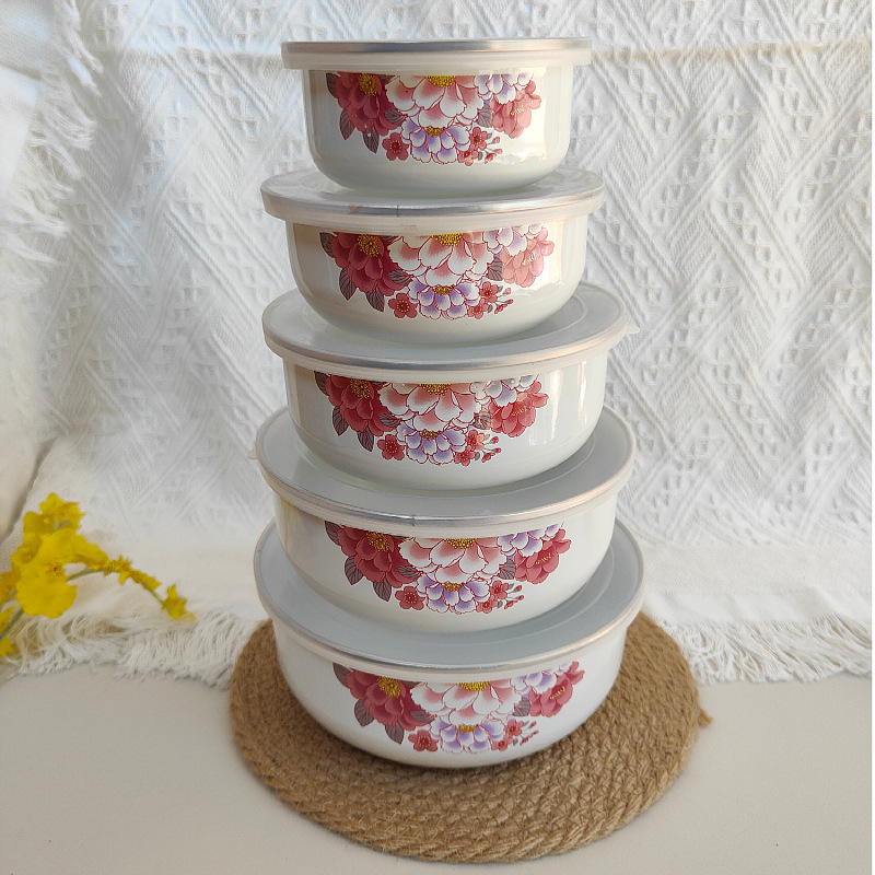 Esmalte de esmalte con tapa hogar fresco mezclado ensalada frutero refrigerador almacenamiento apilable 5 piezas tazón de arroz tazón de sopa