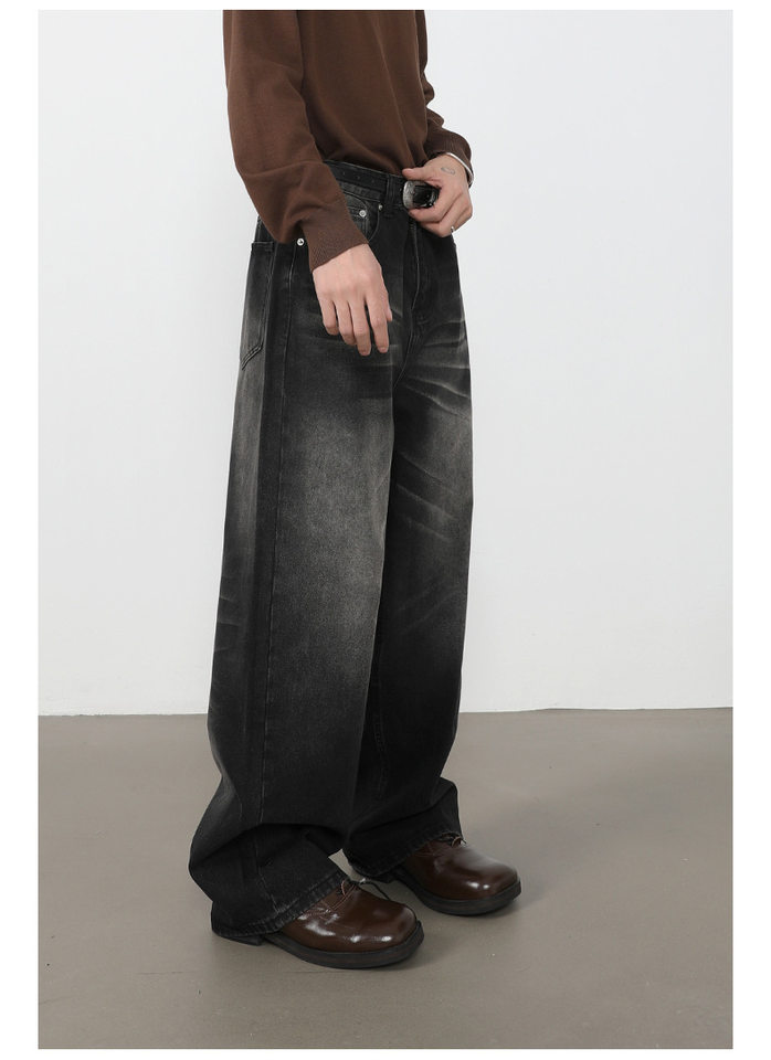 Quần jeans nam ống rộng lưng giữa, dáng suông thoải mái, chất denim washed — màu xanh, màu xanh nhạt, màu xám đen chi tiết 14