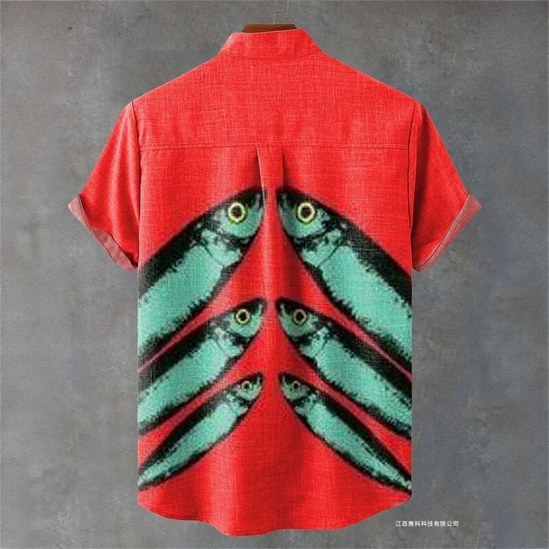 Men's Short-Sleeve Summer Shirt, Fishing Fan Fashion Clothing, Fish Print, Comfortable Linen Fabric, Top New Series